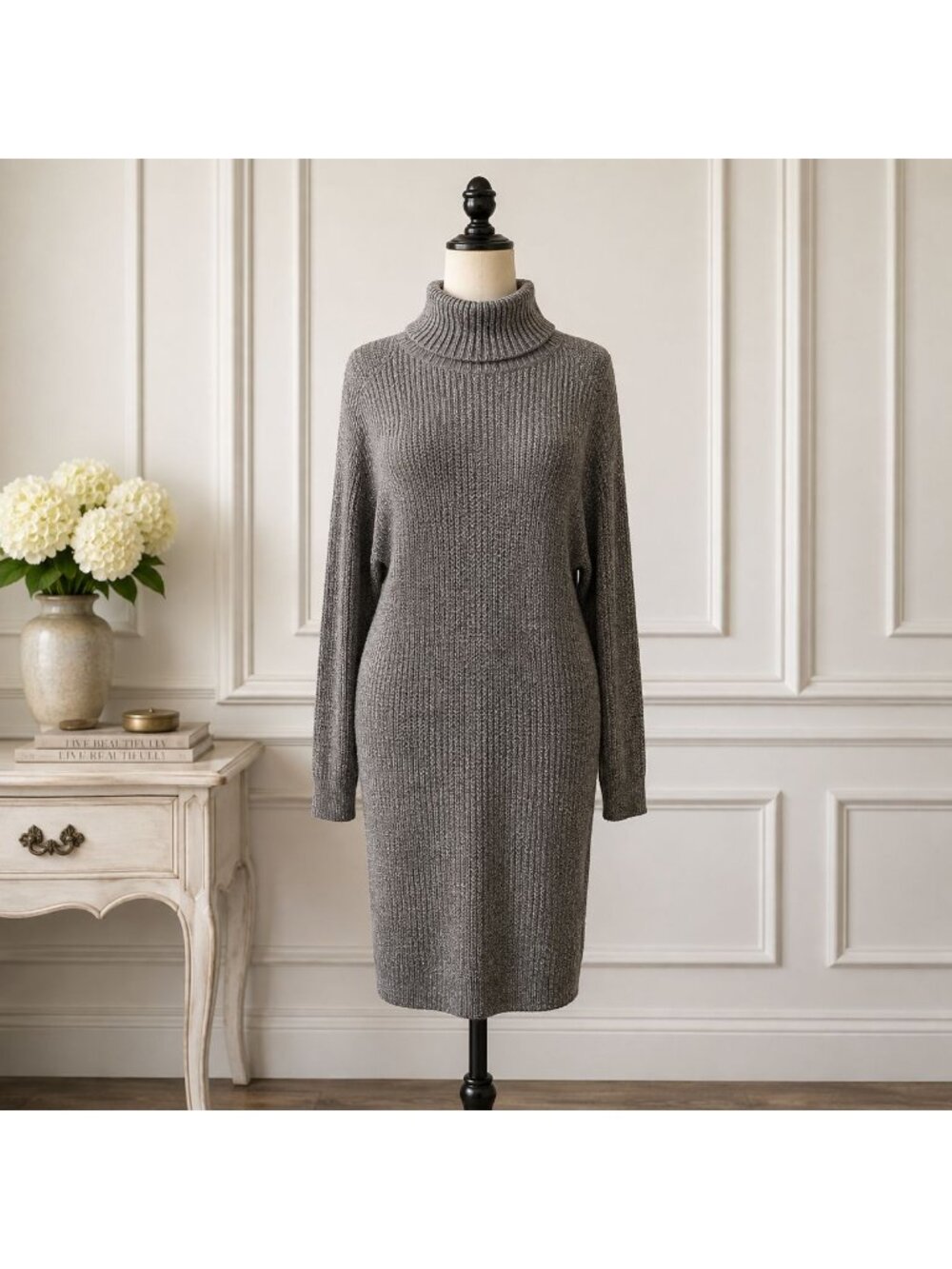 Ragazza Metallic Silver Sweater Dress Medium Textured Shaker Knit Tunic